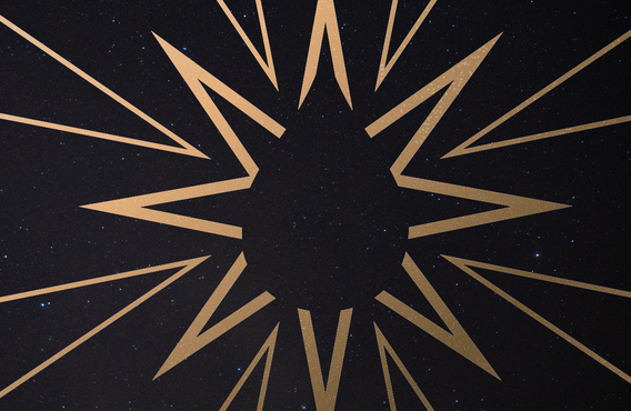 A view of the night's sky with stars in the distance. A graphic appears in front of the backdrop, showing a golden star with a silhouette of a blood drop in the middle.