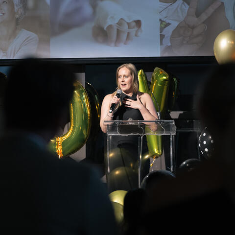 2022 Ontario winner Shari Leavitt is speaking from the stage at the Ontario Grand Finale, Steam Whistle Brewing Toronto.